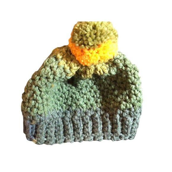 Winter Hat With Pom-Pom In Deep Teal Green & Yellow Fits Adults Head Sz 18”-22” - Picture 1 of 1
